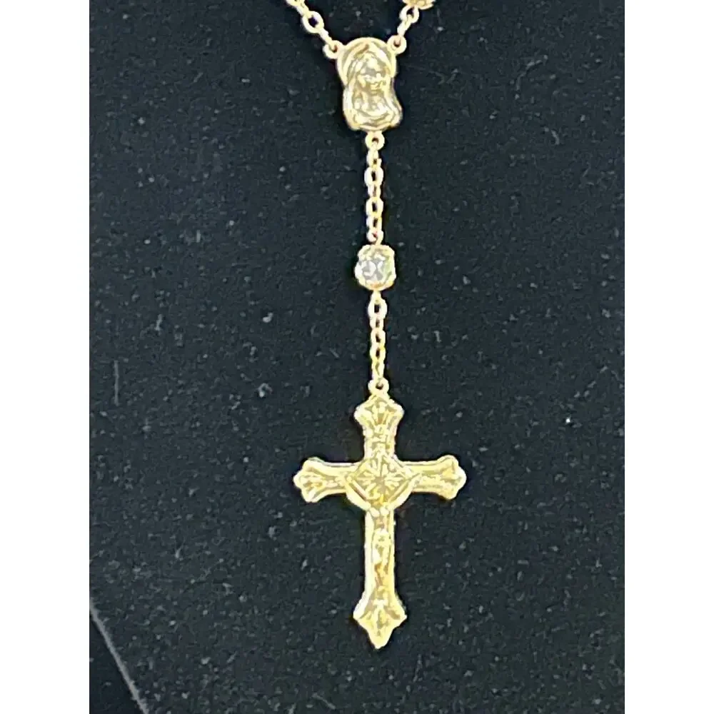 Gold Tone Crystal Bead Rosary Cross Pendant Necklace 26